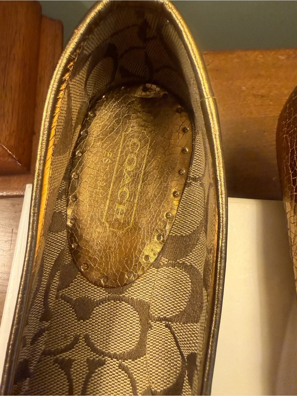 Coach Lonnie Metallic Gold Crackle Ballet Flats with Bow Size 10